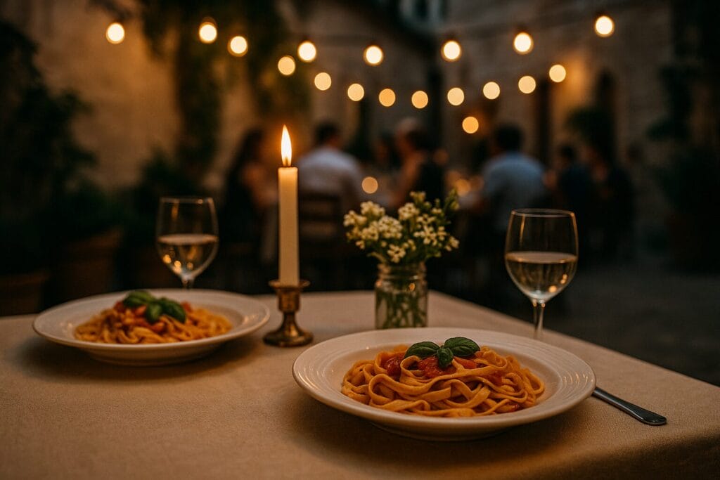 Rustični stol za dvoje u dvorištu italijanskog restorana sa tanjirima fettuccine tjestenine, svijećom, čašama bijelog vina i malom vazom bijelog cvijeća, uz zamućenu pozadinu večernje atmosfere s lampicama i gostima, sos, tjestenina