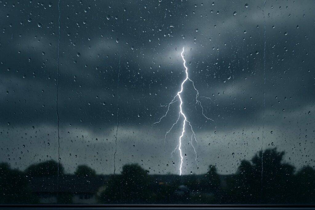 Nevrijeme, Bljesak groma kroz prozor prekriven kapima kiše tokom olujnog dana.