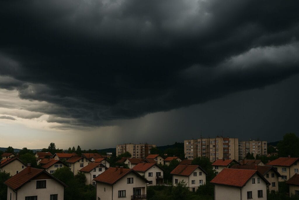nevrijeme, tamni oblaci nad porodičnim kućama u naselju pred oluju