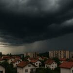 nevrijeme, tamni oblaci nad porodičnim kućama u naselju pred oluju
