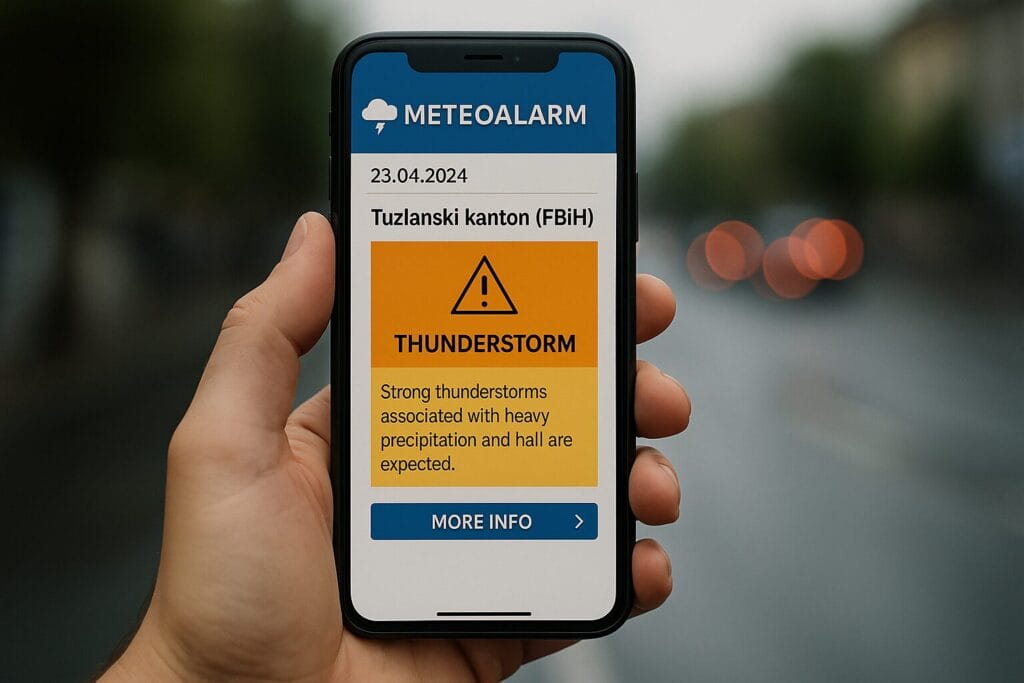 nevrijeme, Ruka drži telefon sa prikazom Meteoalarma i upozorenjem na grmljavinsko nevrijeme u Tuzlanskom kantonu.