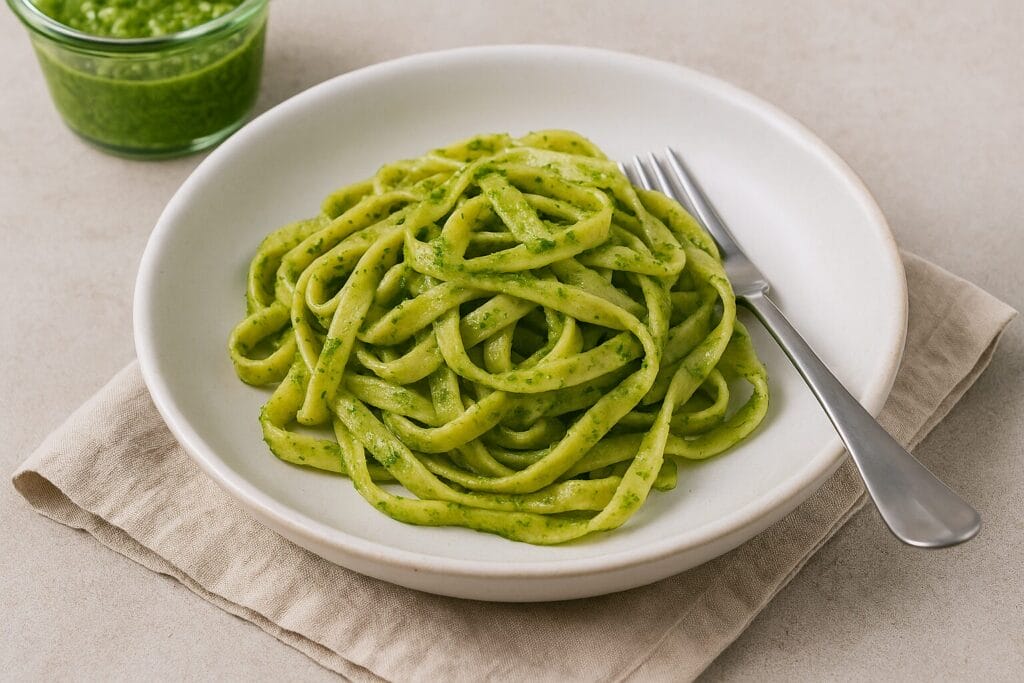 Tanjir fettuccine tjestenine sa svježe pripremljenim pesto sosom, uz viljušku i lanenu krpu na svijetloj podlozi, sa staklenom teglicom pesta u pozadini, sos, tejstenina, italijasnka kuhinja