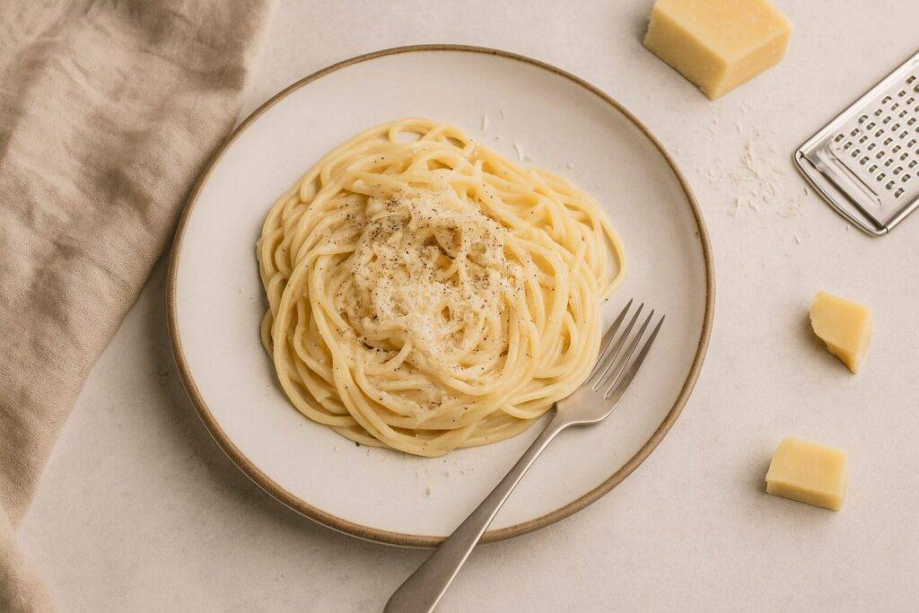 Tanjir špageta s kremastim Cacio e pepe sosom, naribanim sirom i svježe mljevenim biberom, uz komad tvrdog sira i metalnu rendalicu na svijetloj podlozi