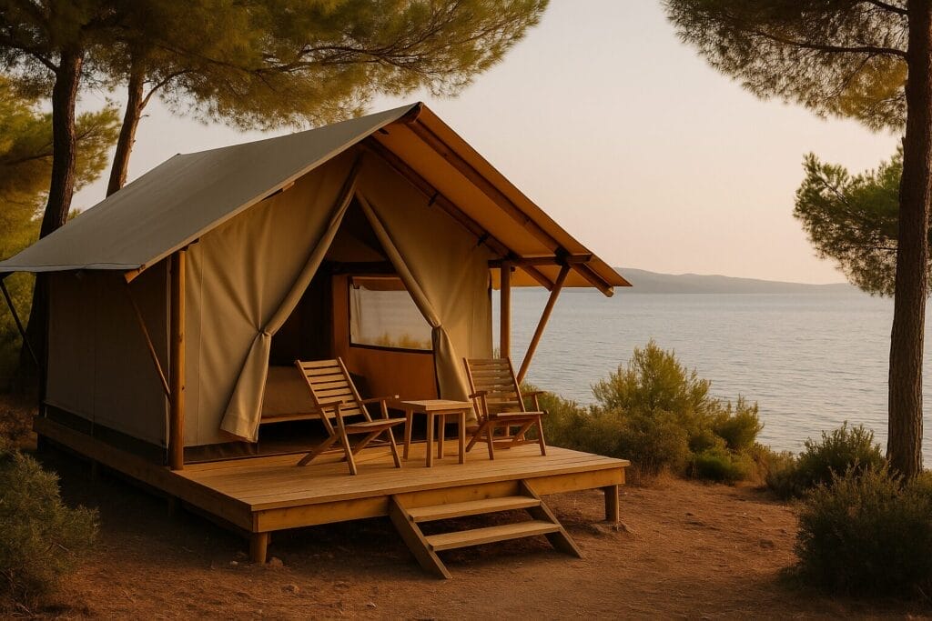 kampovanje ljeti, glamping Hrvatska, Glamping šator na drvenoj platformi s pogledom na more i borove