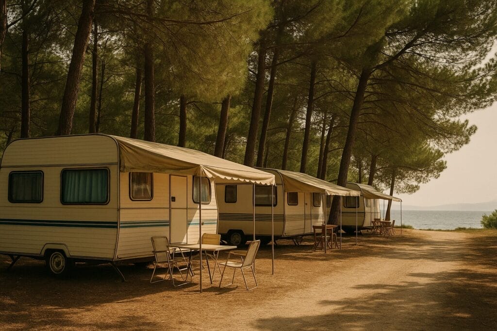 kampovanje ljeti, glamping Hrvatska, Retro kamp prikolice iz 80-ih pod borovima uz Jadransko more