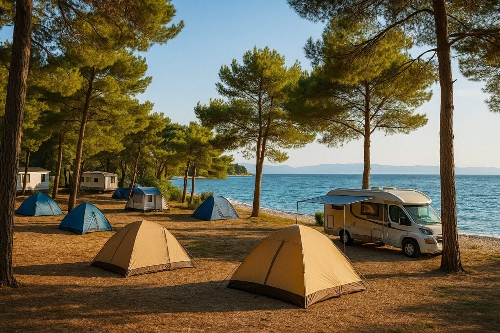 kampovanje ljeti, glamping Hrvatska, Šatori i kamperi u kampu uz Jadransko more pod borovima