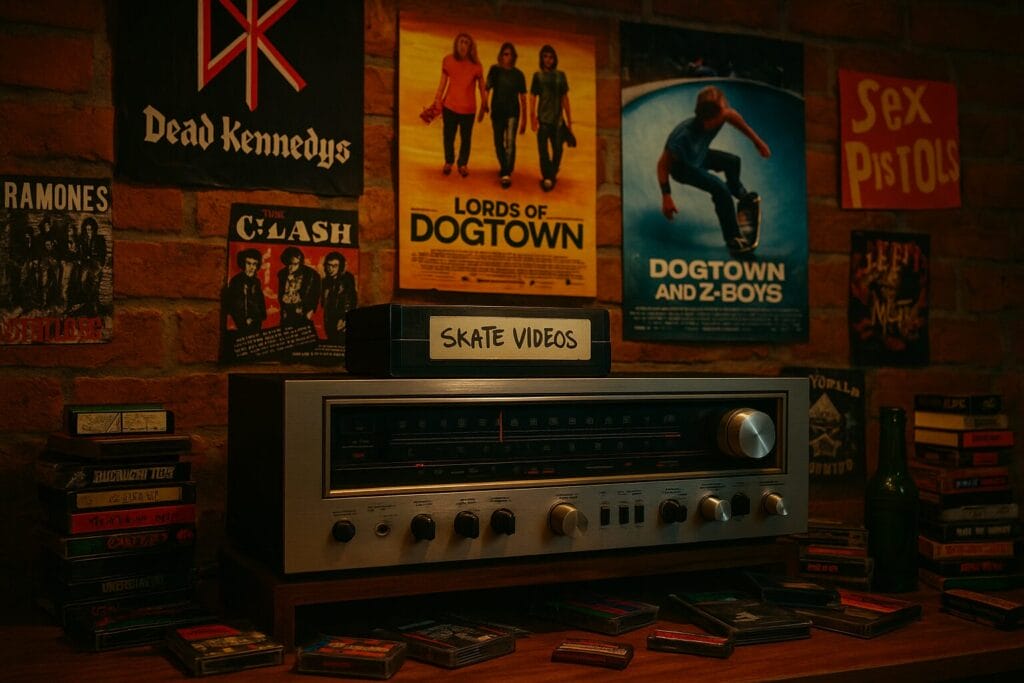 Retro scena s VHS kasetama, skejt filmovima i punk posterima iz 80-ih, simbol skejt bord subkulture.