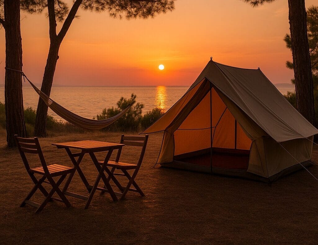 kampovanje ljeti, glamping Hrvatska, Zalazak sunca uz šator, sto i mrežu za ljuljanje pored mora