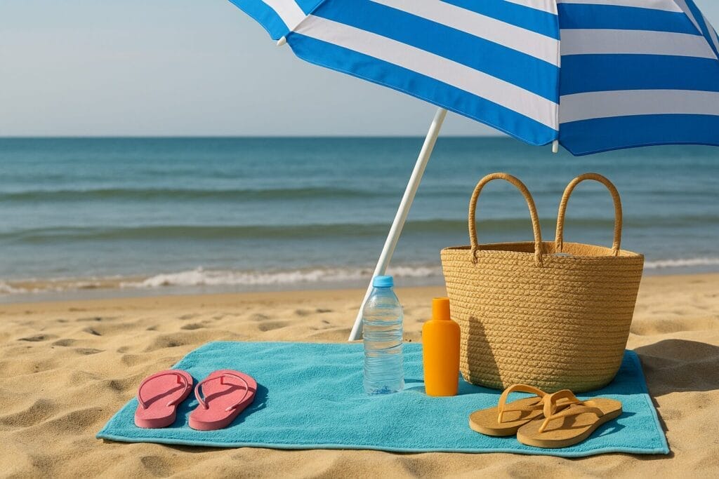 sigurno kupanje, Peškir, papuče, voda, krema i torba pod suncobranom na plaži – planiranje sigurnog dana pored vode.