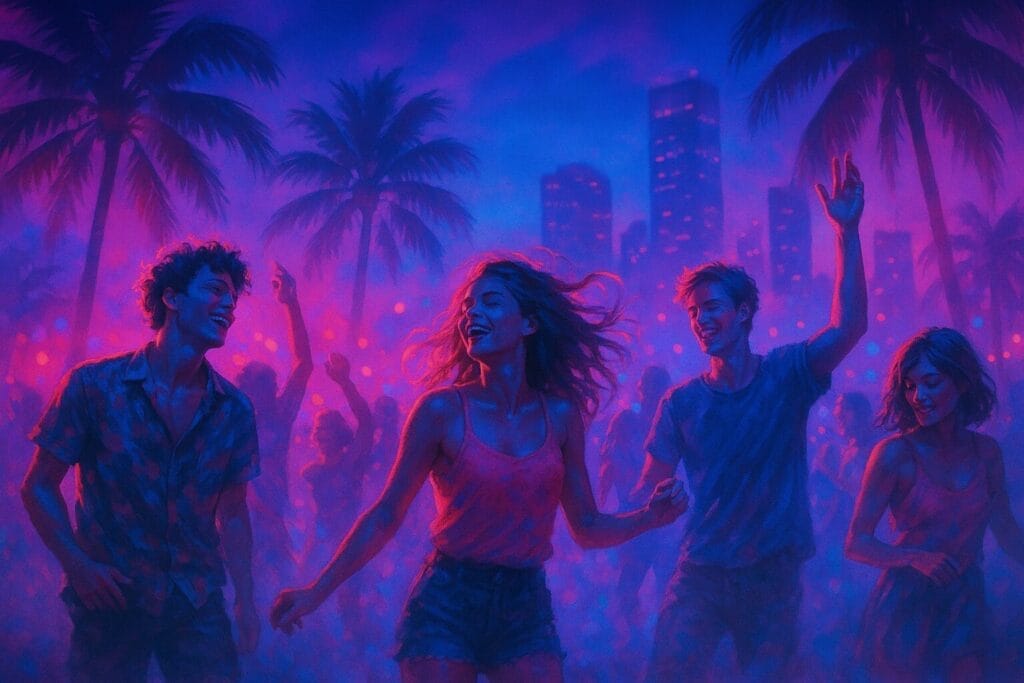 Mladi ljudi plešu pod neonskim svjetlima ispod palmi u noćnom ambijentu, inspirisano pjesmom Electric Feel