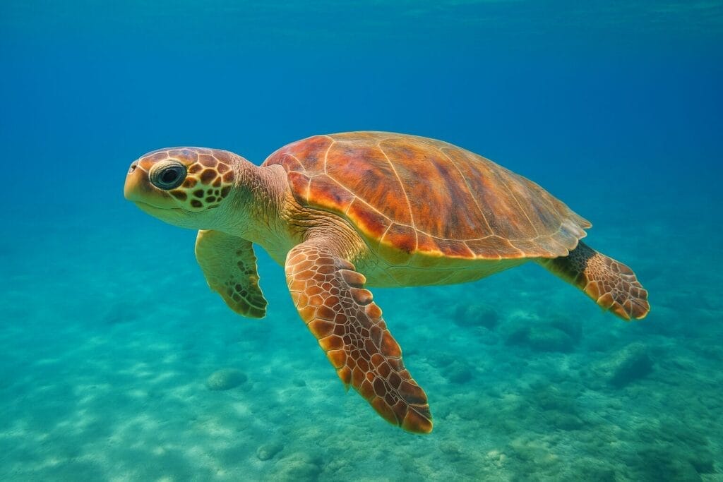meduze i morski ježevi, ubod meduze, morski jež, Glavata morska kornjača (Caretta caretta) pliva u bistrom moru Jadrana, snimljena iznad pješčanog dna