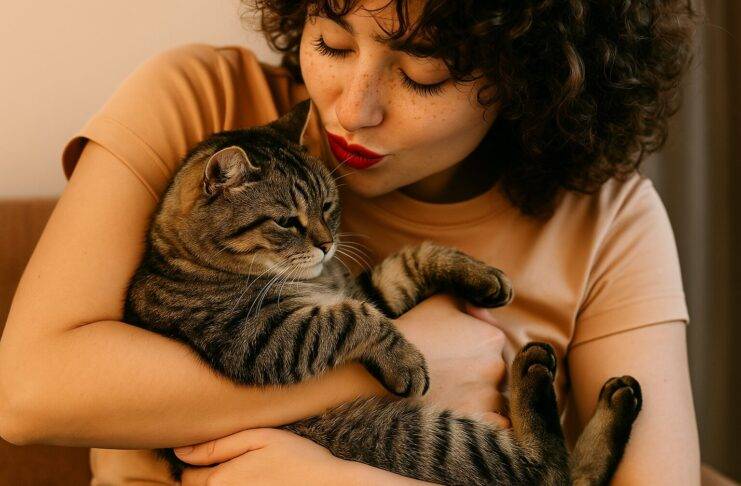 Hug your cat day, mačke, mačke i ljudi, Žena sa crvenim ružem nježno grli svoju tigrastu mačku u toplom ambijentu