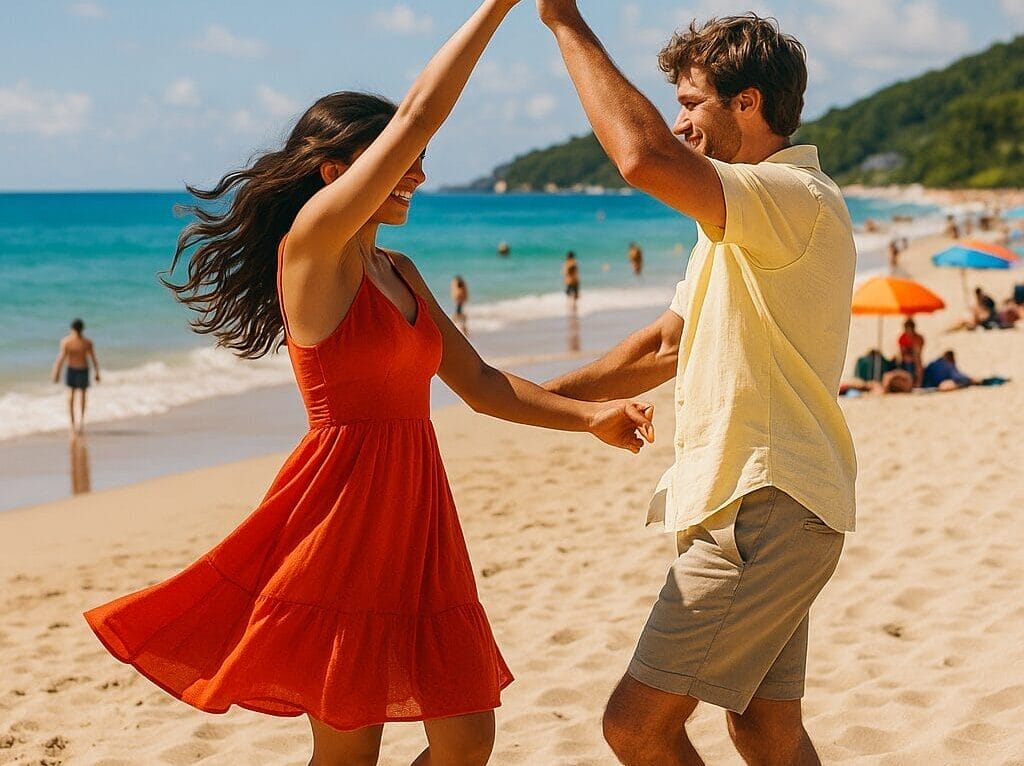Par pleše na sunčanoj plaži dok se haljina vijori na povjetarcu, scena inspirisana pjesmom Lambada