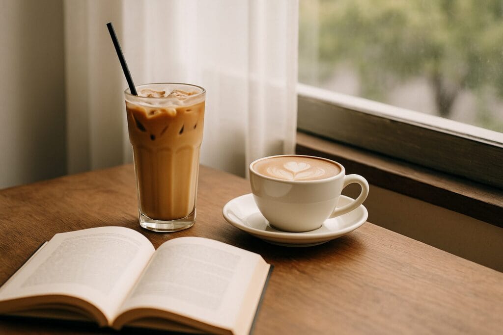 Latte s latte-artom i ice kafa s ledom poslužene uz prozor s blagom zavjesom, na drvenom stolu