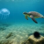 meduze i morski ježevi, ubod meduze, morski jež, Meduza, morski jež i glavata kornjača prikazani zajedno u bistrom moru, simboli ljetnih susreta u Jadranu