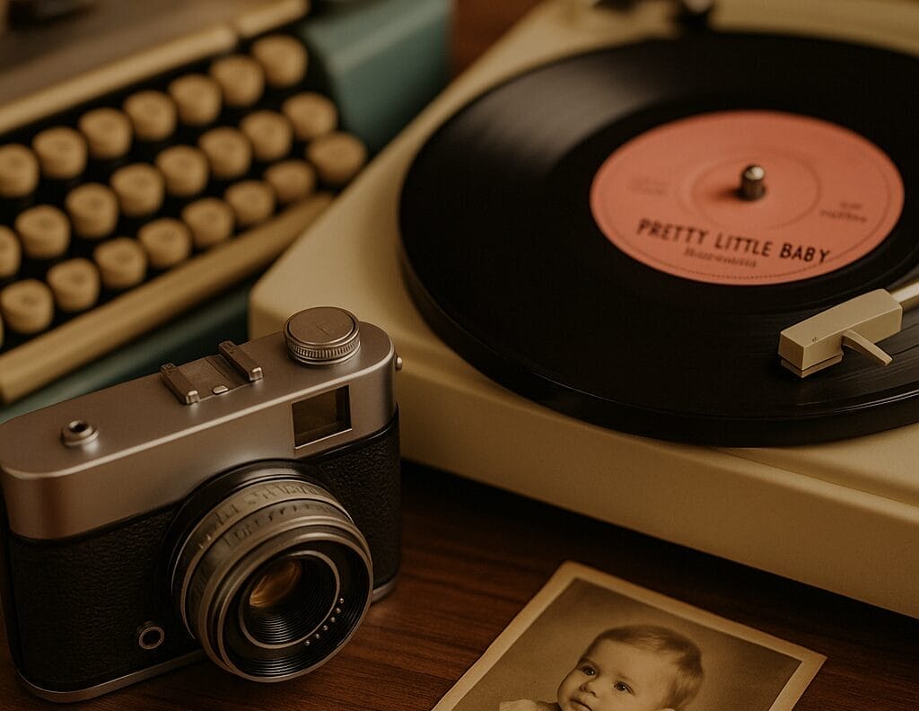 Vinil ploča sa pjesmom Pretty Little Baby, stara fotografija i retro kamera na drvenoj površini