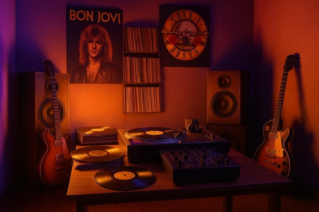 nezaboravne rock balade, Retro DJ kabina sa vinil pločama, gitarama i posterima Bon Jovija i Guns N’ Rosesa, evocira duh nezaboravnih rock balada
