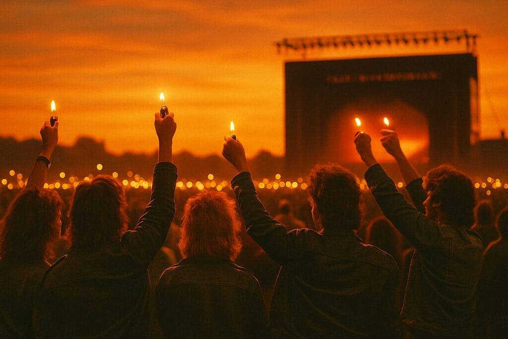 nezaboravne rock balade, Publika na rock koncertu podignutih upaljača, u zalasku sunca, simbol nezaboravnih rock balada i zajedničke muzičke emocije