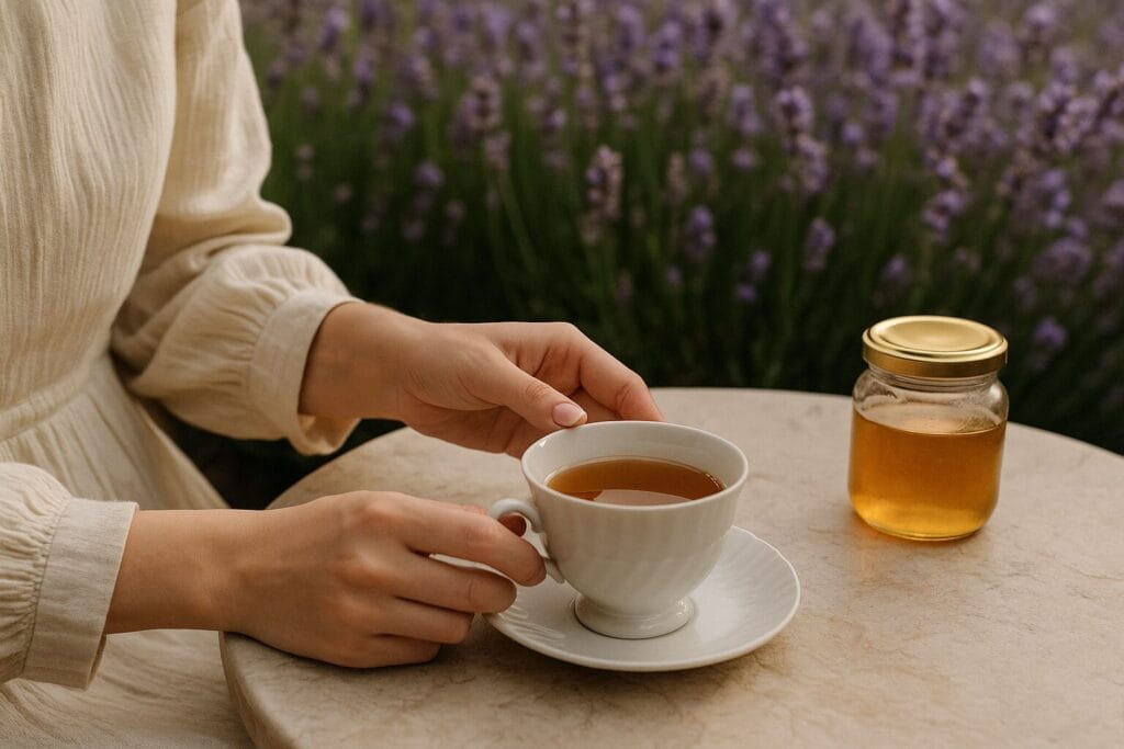 Ženske ruke drže porculansku šoljicu čaja, u pozadini lavanda i teglica meda