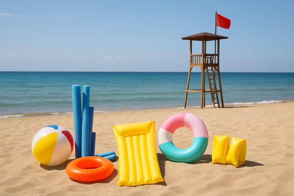 Sigurno kupanje na plaži ilustrirano rekvizitima za plivanje i crvenom zastavom pored spasilačke kućice.