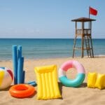 Sigurno kupanje na plaži ilustrirano rekvizitima za plivanje i crvenom zastavom pored spasilačke kućice.