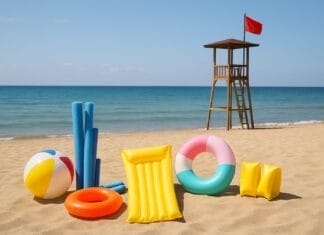 Sigurno kupanje na plaži ilustrirano rekvizitima za plivanje i crvenom zastavom pored spasilačke kućice.