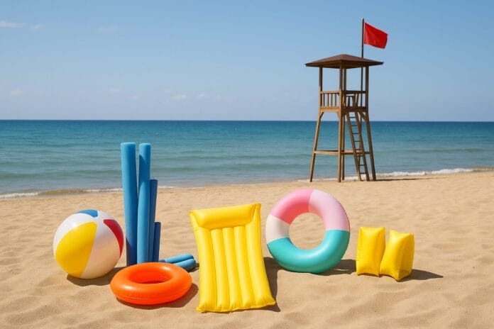 Sigurno kupanje na plaži ilustrirano rekvizitima za plivanje i crvenom zastavom pored spasilačke kućice.