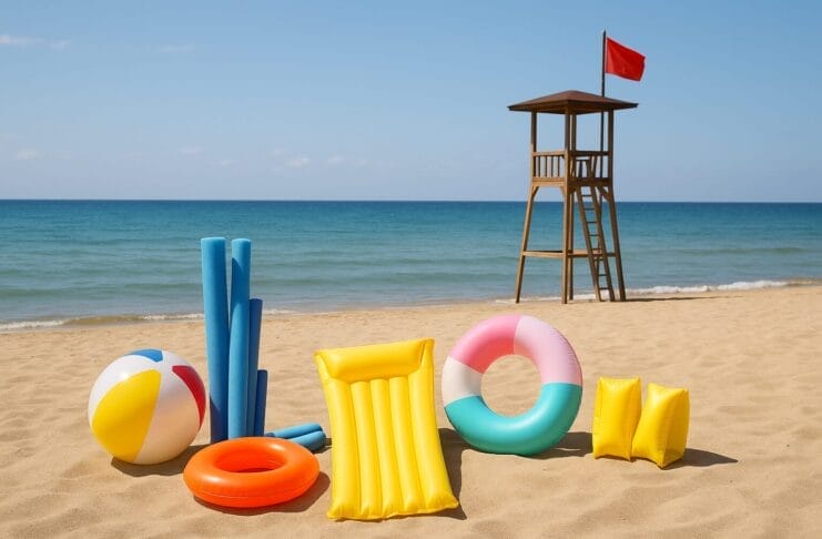 Sigurno kupanje na plaži ilustrirano rekvizitima za plivanje i crvenom zastavom pored spasilačke kućice.