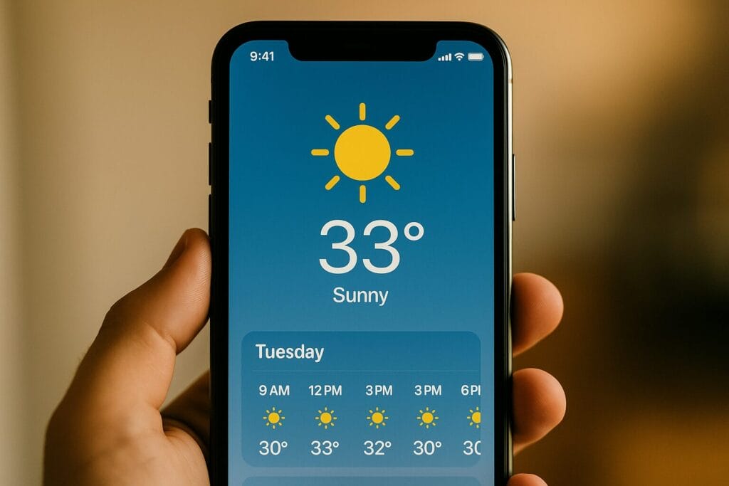 saprina i vrućina. Vremenska prognoza na mobilnom telefonu pokazuje 33 stepena i sunčano vrijeme