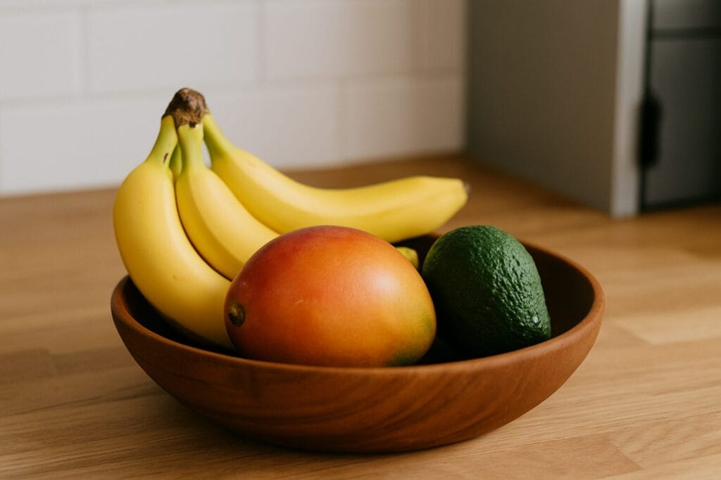 Banane, mango i avokado u drvenoj zdjeli na sobnoj temperaturi