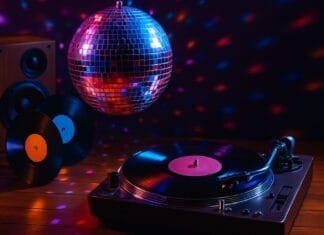 ultimativni plesni hitovi 70-ih i 80-tih, Retro disko scena sa vinil pločama, gramofonom i disko kuglom u vibrantnoj atmosferi plesnog podija 70-ih i 80-ih
