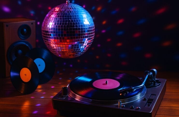 ultimativni plesni hitovi 70-ih i 80-tih, Retro disko scena sa vinil pločama, gramofonom i disko kuglom u vibrantnoj atmosferi plesnog podija 70-ih i 80-ih