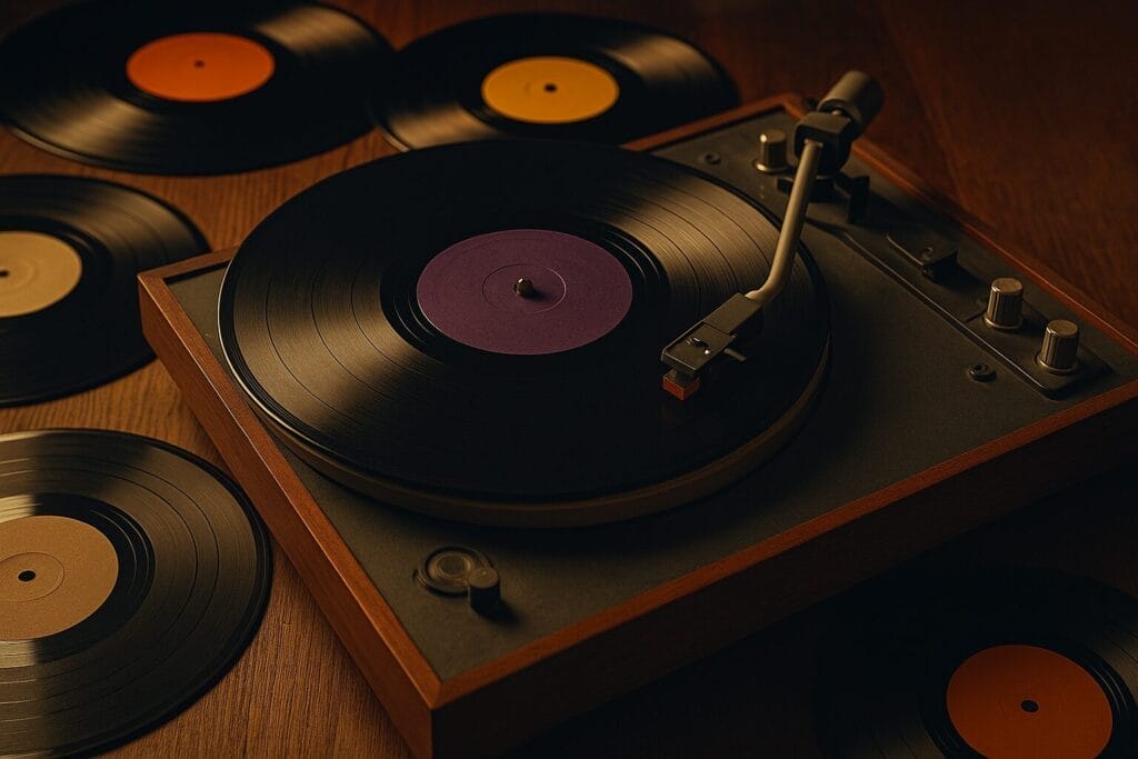 ultimativni plesni hitovi, Vintage gramofon sa crnim vinil pločama na drvenoj podlozi, osvijetljen toplim zlatnim svjetlom koje stvara nostalgičnu retro atmosferu
