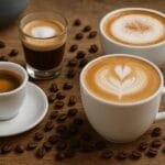 Različite vrste kafa servirane na drvenom stolu – espreso, kapućino, latte i makijato