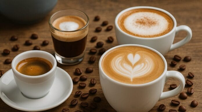 Različite vrste kafa servirane na drvenom stolu – espreso, kapućino, latte i makijato