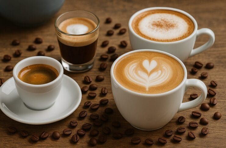 Različite vrste kafa servirane na drvenom stolu – espreso, kapućino, latte i makijato