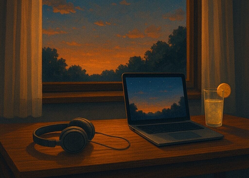 Otvoren prozor s pogledom na ljetnu večer, laptop, slušalice i čaša limunade na stolu