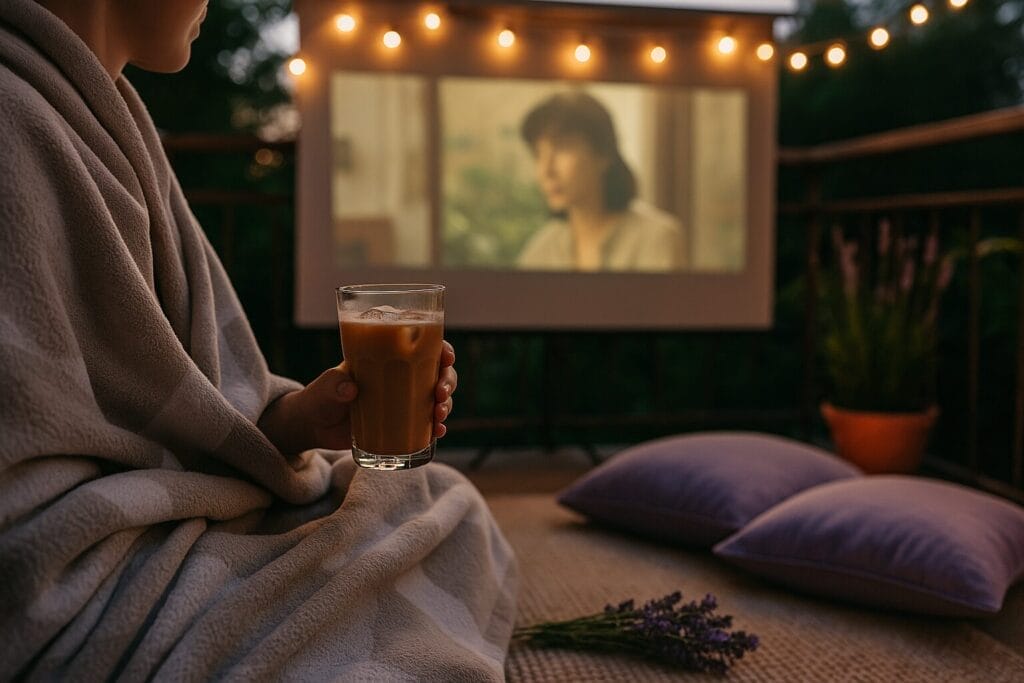 Ljetno kino na balkonu, Osoba na balkonu umotana u dekicu, s čašom ledene kafe i pogledom na film pod lampicama