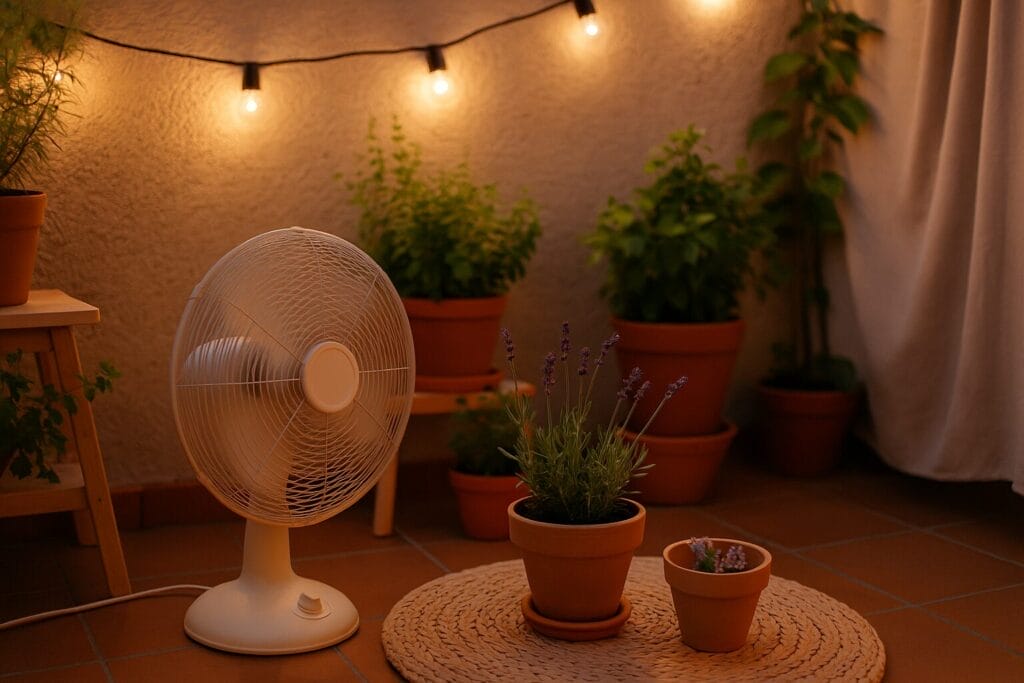 Ljetno kino na balkonu, Balkon s ventilatorom, biljkama i pripremama za ljetno kino