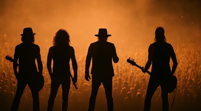 Guns N' Roses koncert u Beogradu, Silhouette benda na koncertnoj bini ispred publike u sumrak