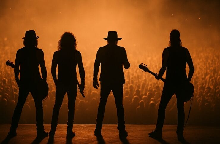 Guns N' Roses koncert u Beogradu, Silhouette benda na koncertnoj bini ispred publike u sumrak