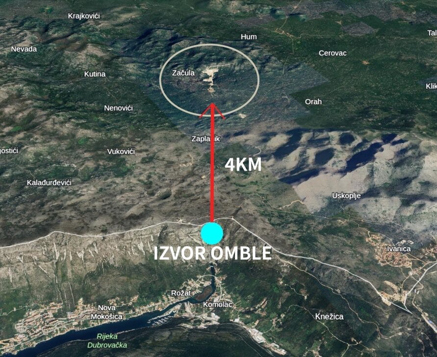 Satelitski prikaz lokacije kamenoloma u Začuli i udaljenosti od izvora Ombla