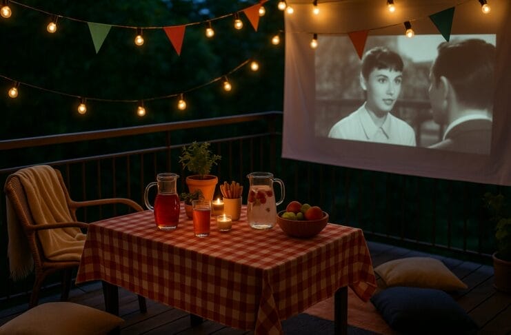 Ljetno kino na balkonu s lampicama, bokalom s voćem, jastučićima i projekcijom filma u toploj večeri