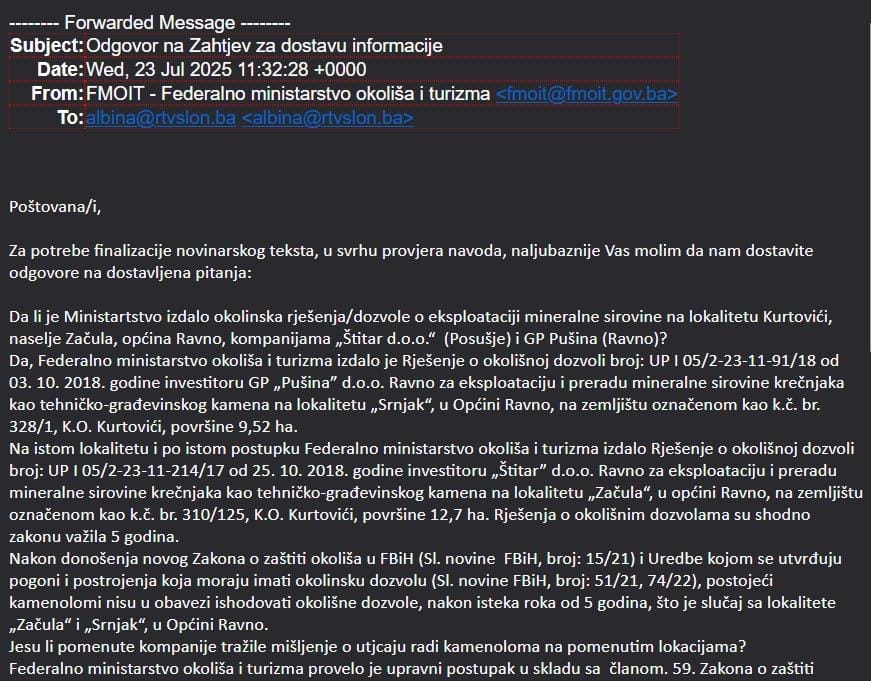 Novi detalji o kamenolomu Začula, odgovor iz federalnog resornog ministarrstva. 