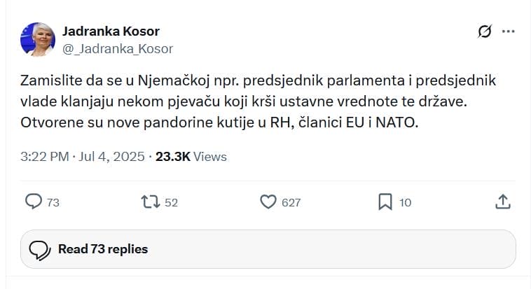 Jadranka Kosor: Pjesme iz doba zločinačke države se pjevaju u Zagrebu