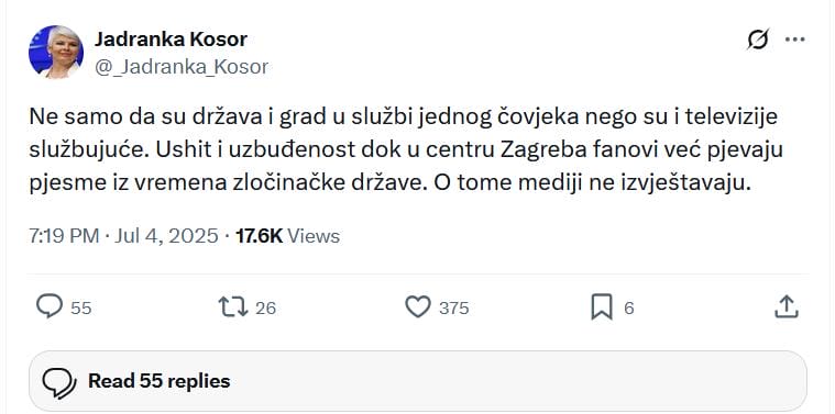 Jadranka Kosor: Pjesme iz doba zločinačke države se pjevaju u Zagrebu