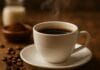 Koristi kafe u njezi kože, Bijela šoljica crne kafe iz koje se diže para, u fokusu ispred zamućene pozadine