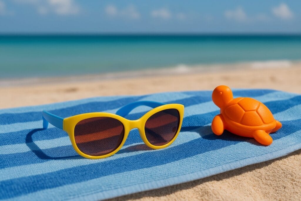 naočale za sunce, Dječije sunčane naočale i narandžasta igračka kornjača na peškiru na plaži