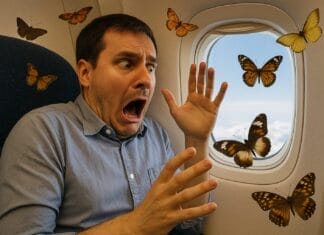 Fobije, Strahovi i fobije, Osoba širom otvorenih očiju u avionu, okružena sjenama leptira i prozorom kroz koji se vidi velika visina