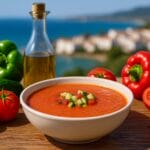 Gaspaćo juha u bijeloj zdjeli na drvenom stolu s povrćem i zamućenom pozadinom Španije